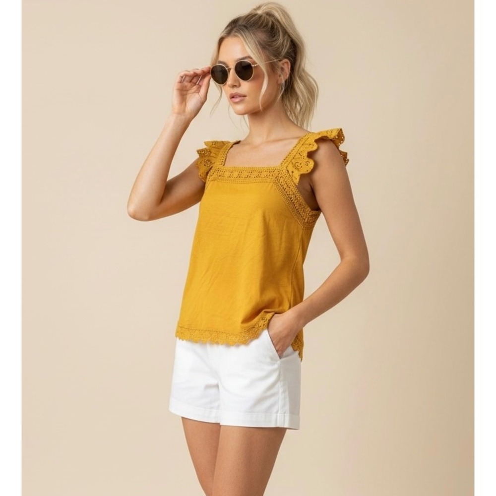 George Mustard Yellow Eyelet Flutter Sleeve Crochet Trim Tank Top Size XS Core